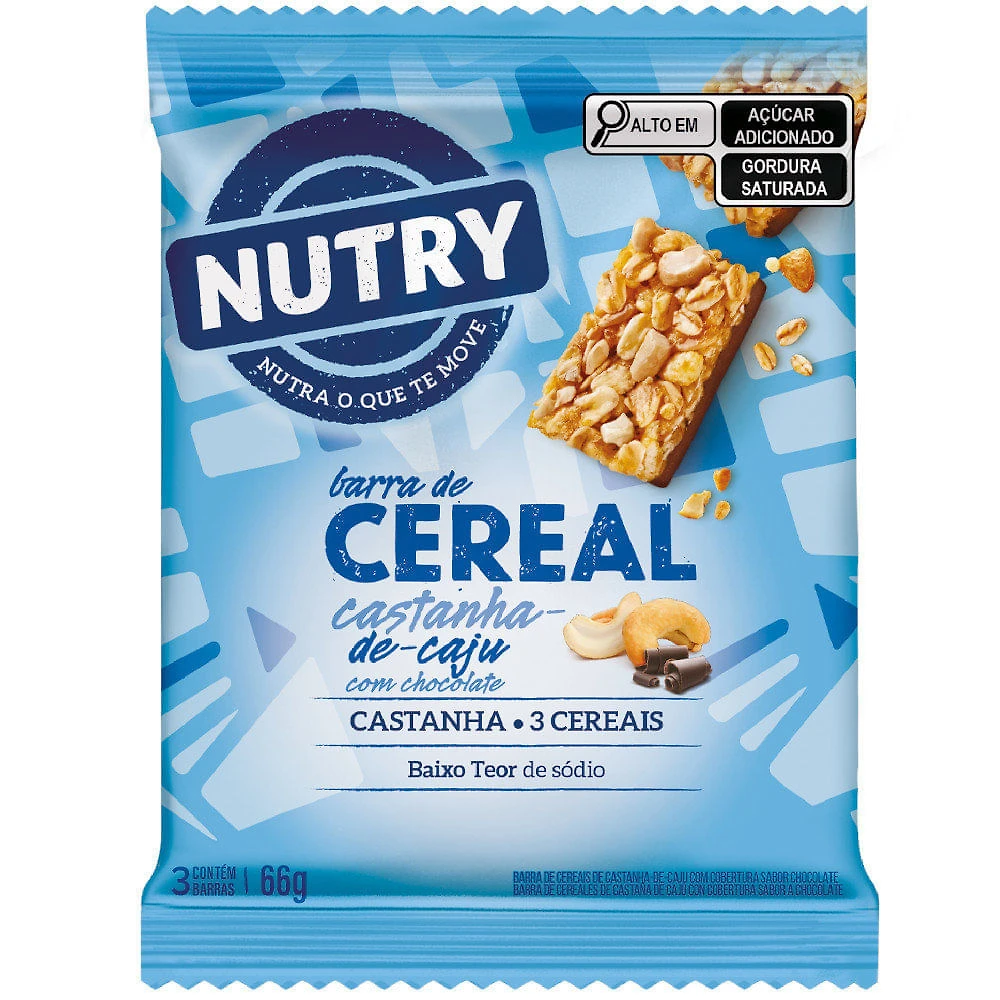 Barra de Cereais Nutry Castanha de Caju com Chocolate 3 Unidades com 22g Cada
