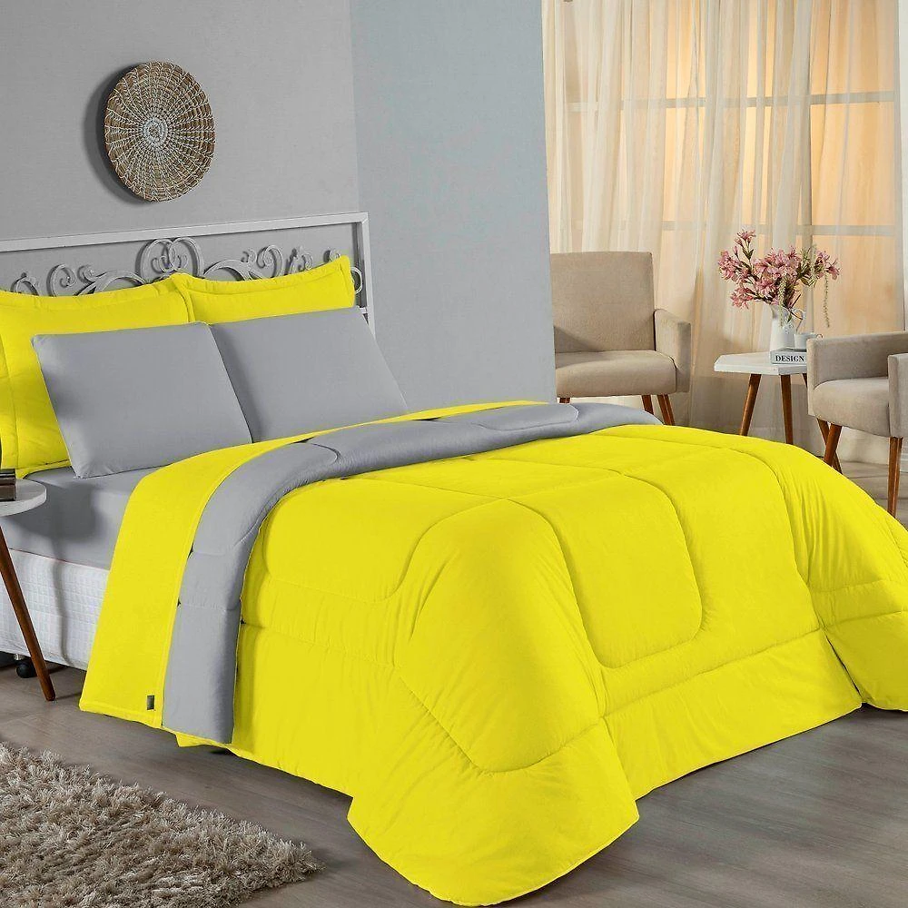 Edredom Queen Nobre 1 Peça Dupla Face 2,40m X 2,60m Malha 100% Algodão - Amarelo / Cinza