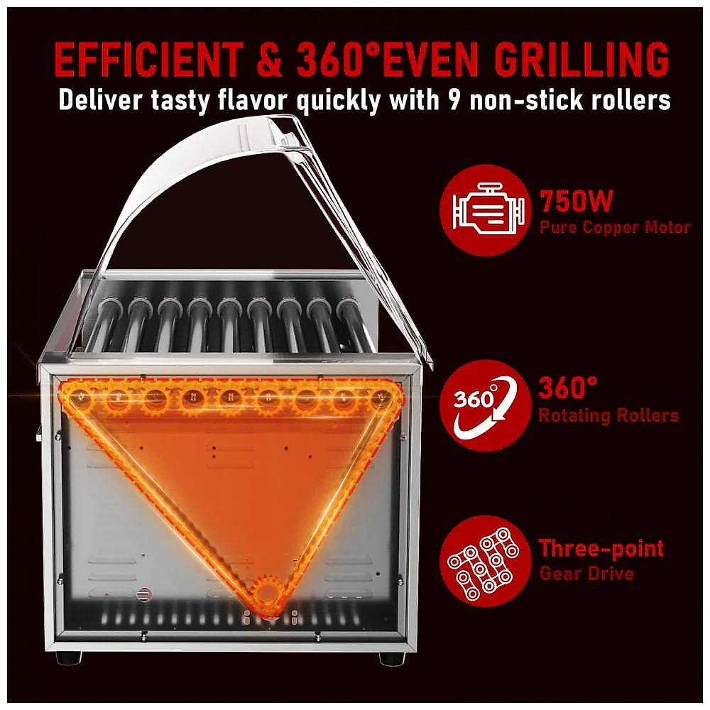 Máquina para Hot Dog CROSSON Prata 9 Rolos Aço Inox Controle Triplo de Temperatura Gaveta Aquecedora 24 Unidades 1750W 120V