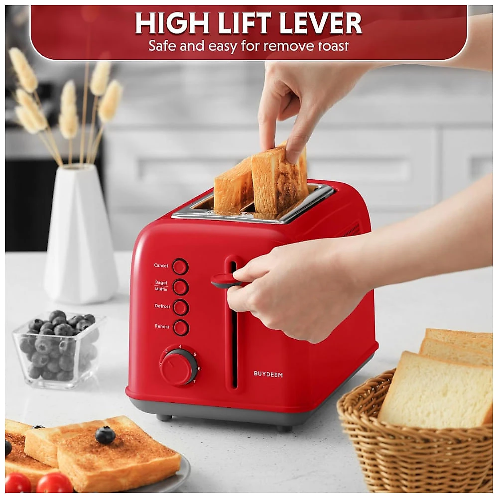 Torradeira BUYDEEM DT620 Vermelha 2 Fatias com Fendas Largas, Função Bagel e Muffin, Bandeja de Migalhas Removível e 7 Níveis de Tostagem, 120V