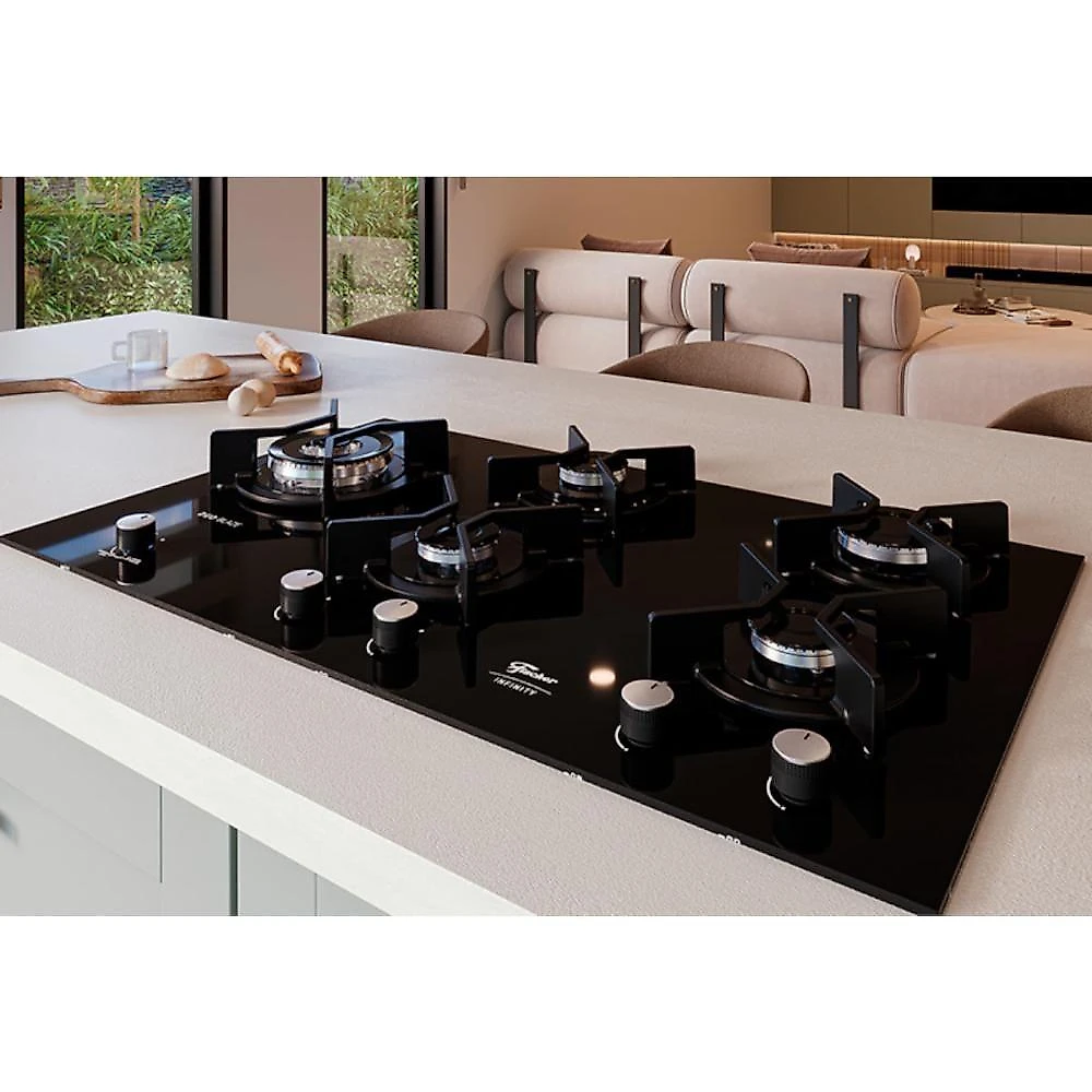 Cooktop a Gás Fischer Infinity Duo 5 Bocas Vidro Temperado Tripla Chama Preto Bivolt