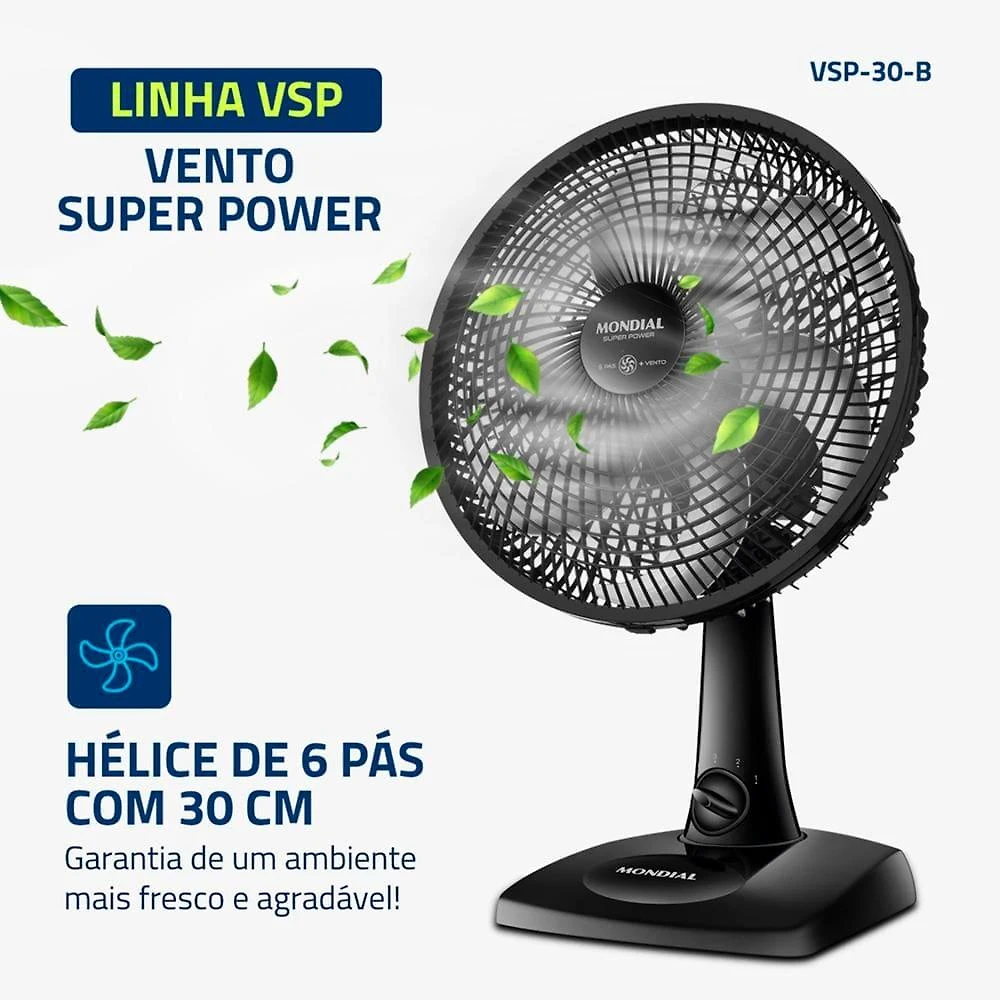 Ventilador de mesa 30cm mondial super power vsp-30-b 6 pás 3 velocidades - preto
