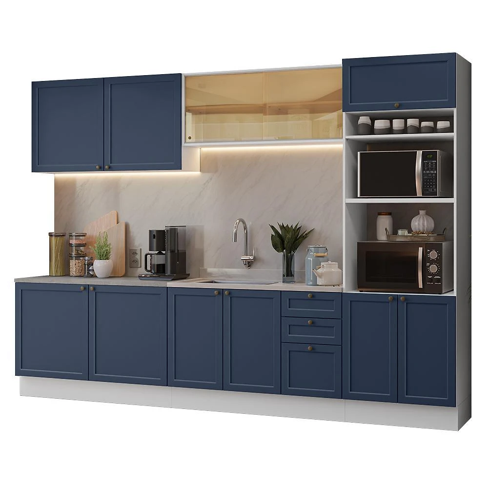 Armário de cozinha completa 310 cm branco/azul vik madesa 01