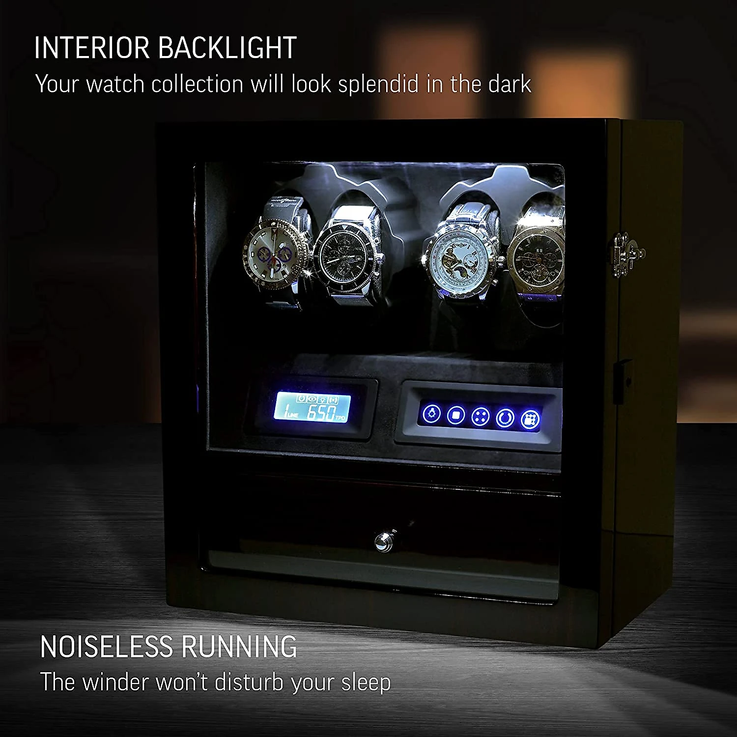 WATCH WINDERS CaixaEstojo Rotativo Automático para Relógios c om Luz e Painel de Controle 4 Lugares Preto