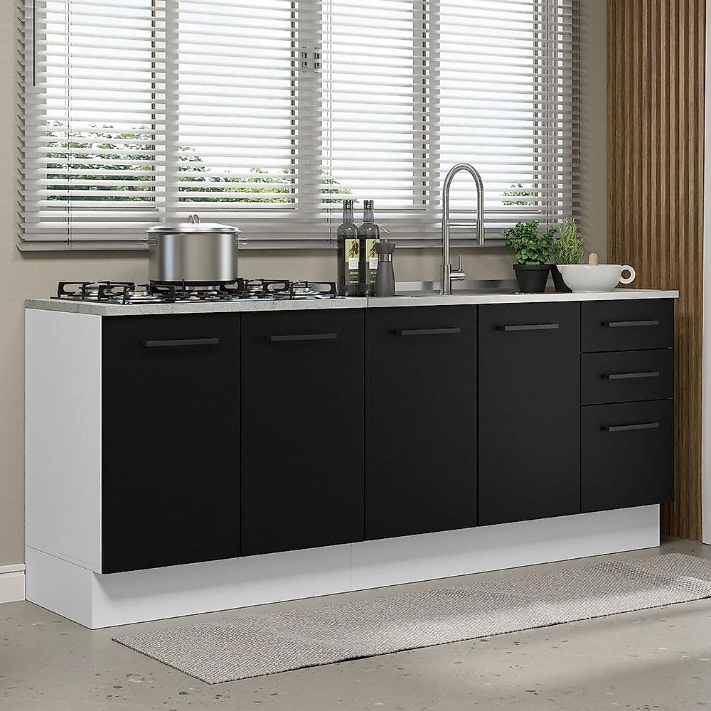 Kit com 2 balcões de cozinha madesa agata 3 gavetas 4 portas (sem tampo e pia) - branco/preto