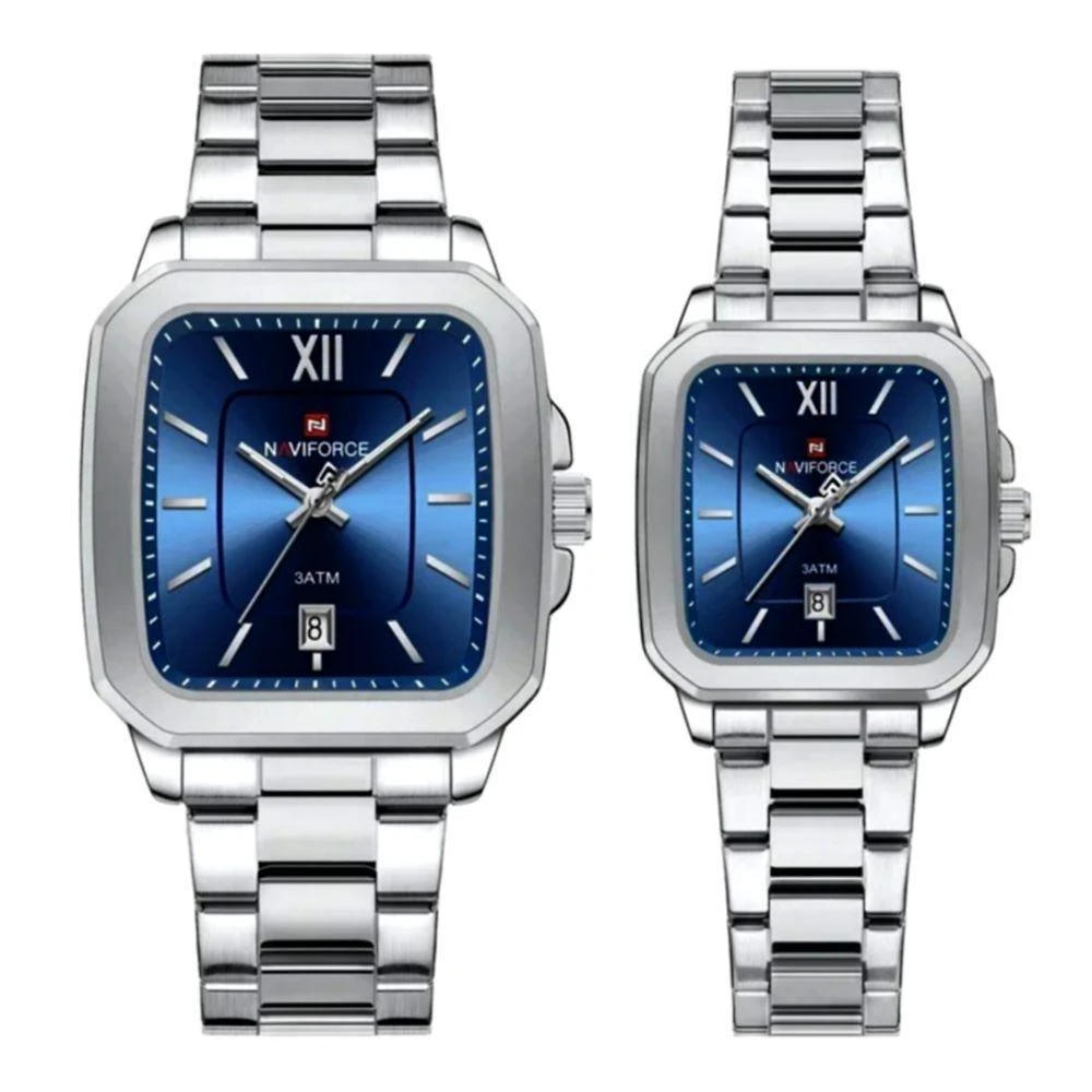 Conjunto De Relógio Casual Simples Quartzo Design Tonneau Impermeavel Casal Azul
