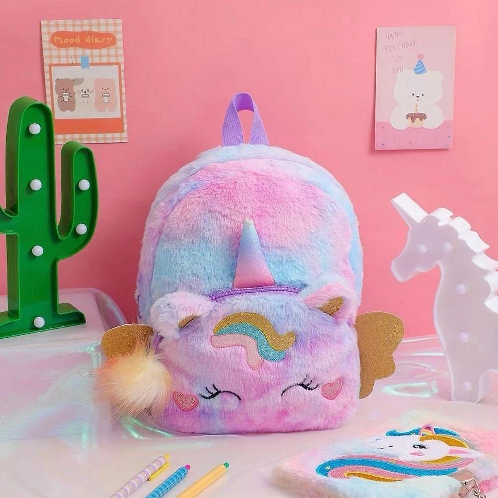 Mochila Infantil OEM Unicórnio Multineos Pelúcia 30x25 Roxo para Meninas