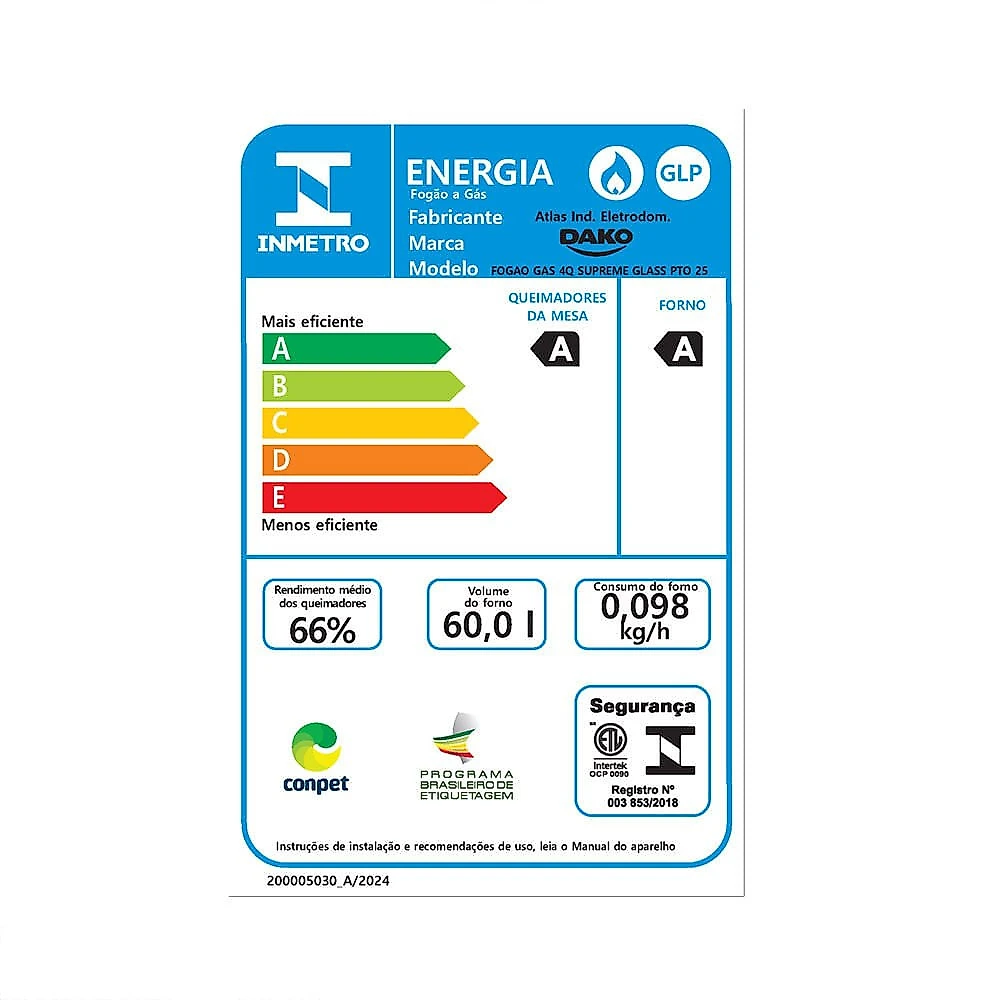 Fogão a Gás 4 Bocas Dako Novo Supreme Glass Mesa de Vidro Preto - Bivolt