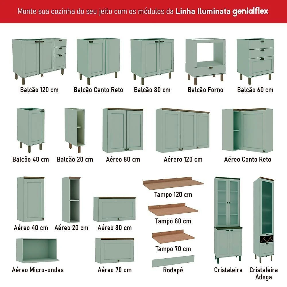 Armário De Cozinha Genialflex Iluminata 3 Peças Verde Mint