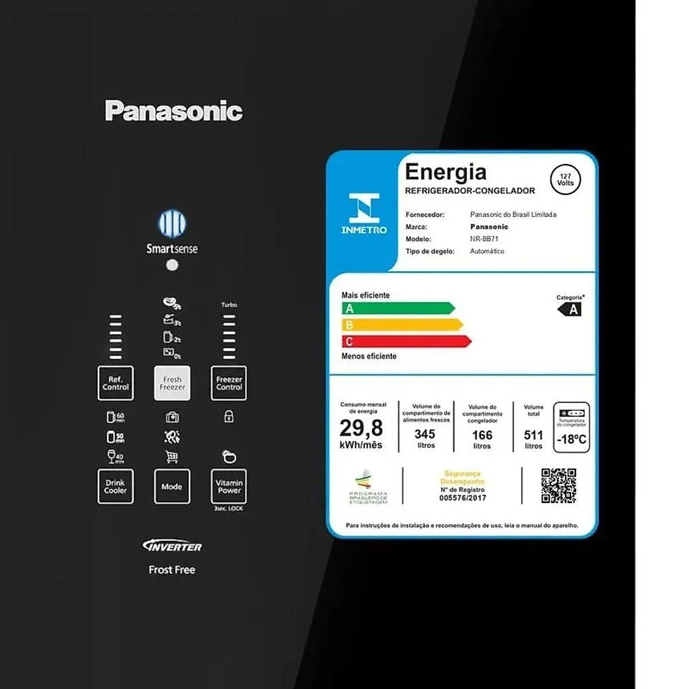 Geladeira Panasonic NR-BB71GV7BA Frost Free 511 Litros Vidro Preta 110V