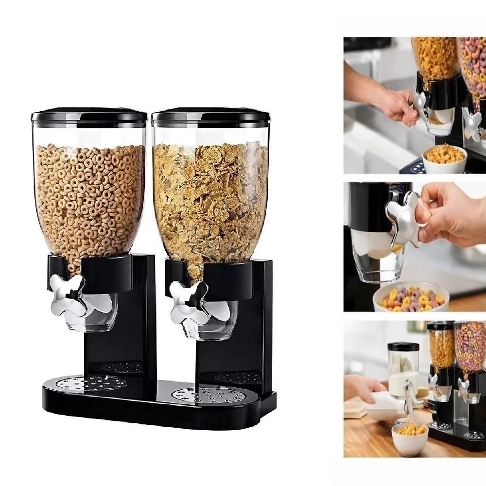 Dispenser de Cereais Duplo 2 Compartimentos Plástico para Grãos Preto Yeet
