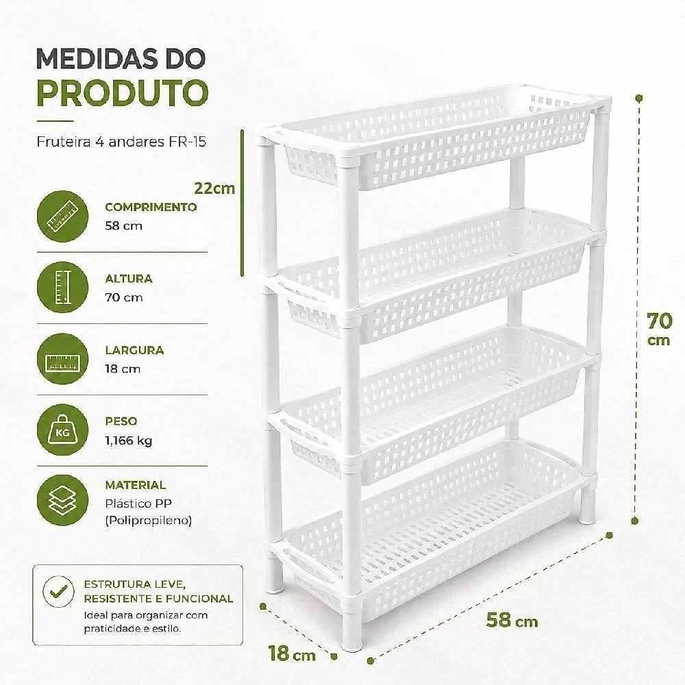 Fruteira FR-15 4 Andares Plástico PP Multiuso para Cozinha Lavanderia Yeet