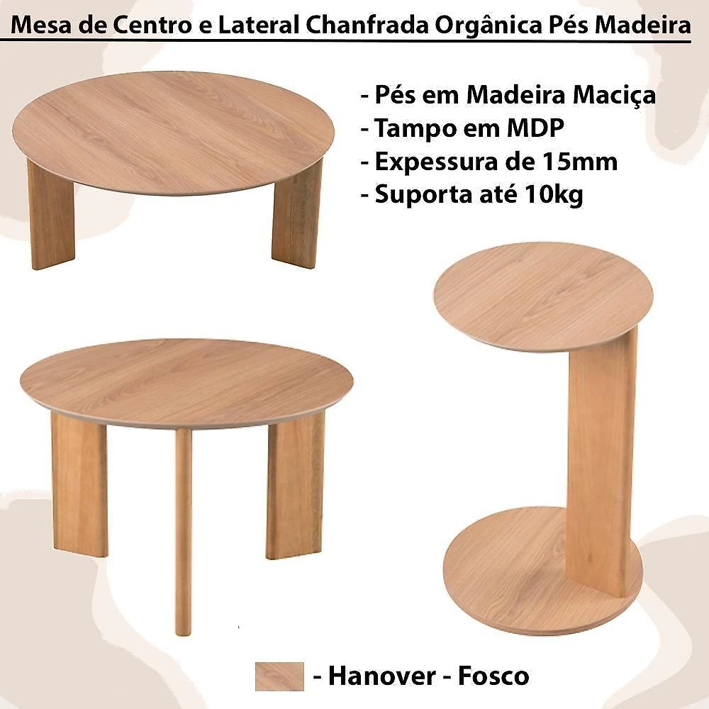 Kit Mesa De Centro E Lateral Chanfrada Pes Madeira Hanover Artesano Hanover