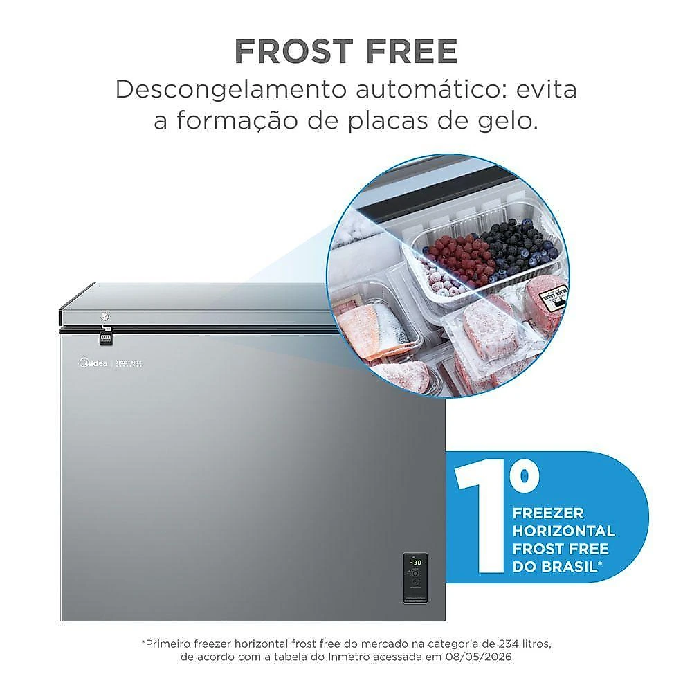 Freezer Horizontal Midea MDRC321FFA503 Frost Free 234L Inverter Filtro Nano Silver Fresh Prata Bivolt
