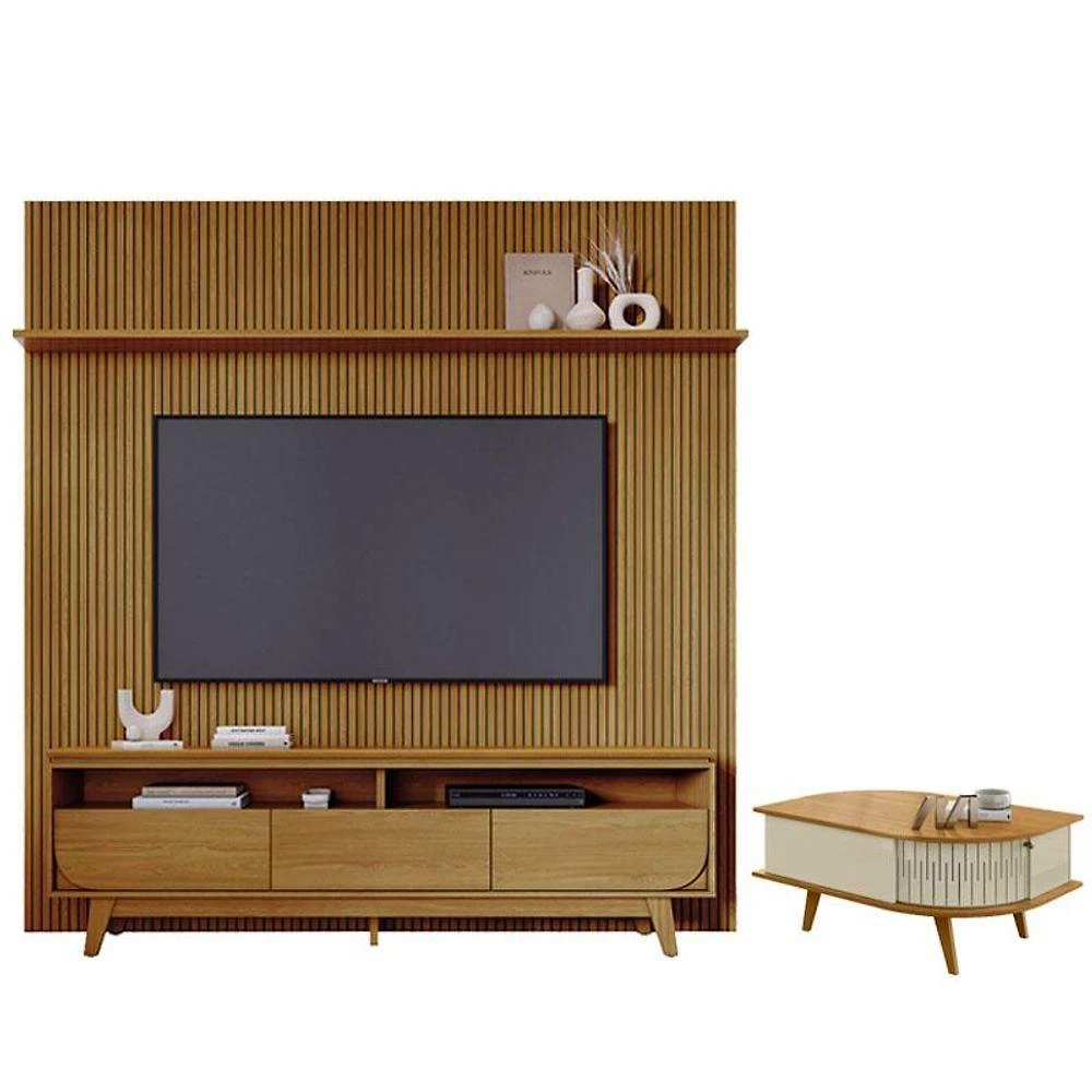 Estante Home Theater Com Bancada Suspensa Luna Com Mesa De Centro Indianápolis Cumaru - Madetec