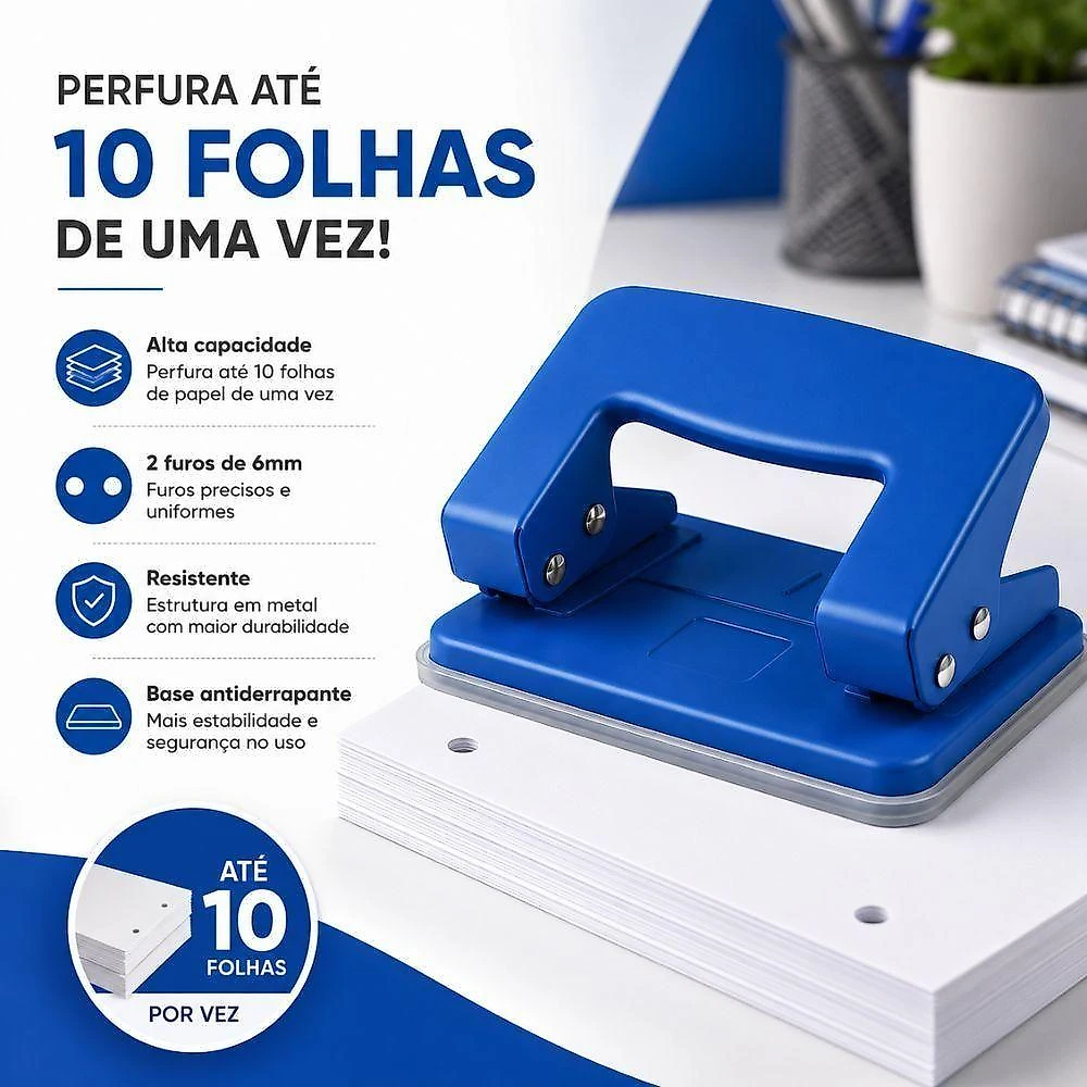 Perfurador de Papel Yeet 2 Furos 10 Folhas 6mm com Base Antiderrapante Preto