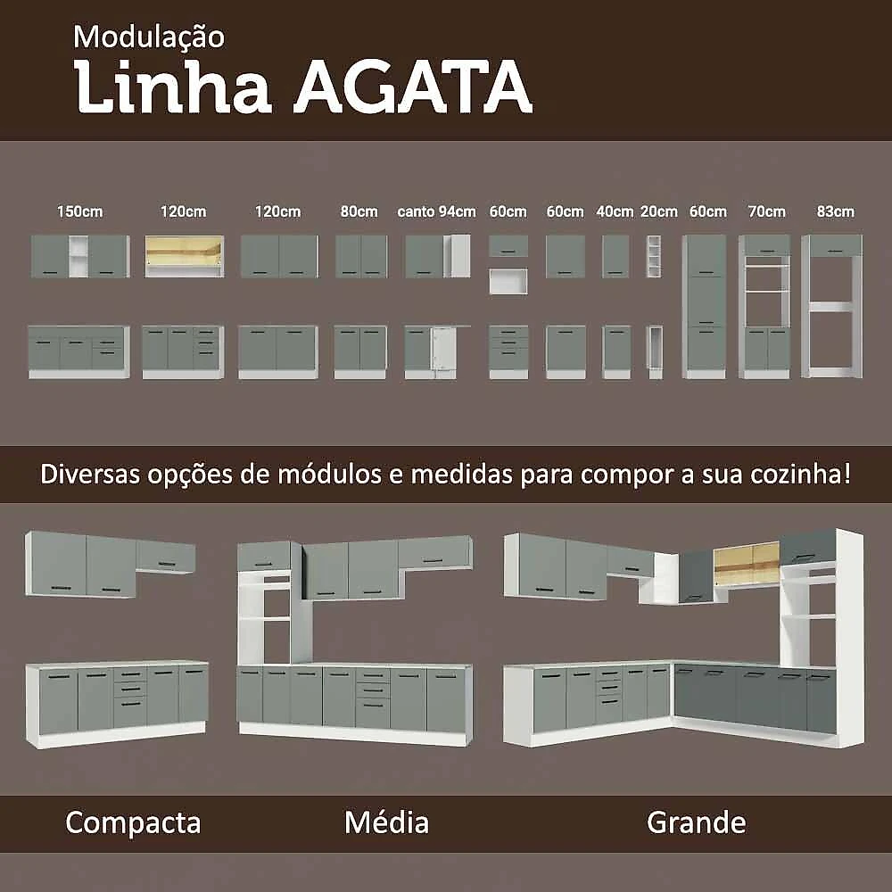 Armário de cozinha completa 250cm branco/cinza agata madesa 01
