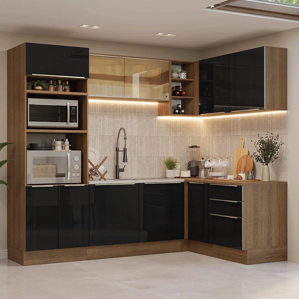 Armário De Cozinha Completa De Canto 416 Cm Rustic/preto Lux Madesa 01 Rustic/preto