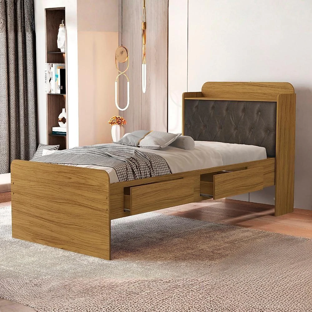 Cama Solteiro Baú Tamires com Gavetas Capitone em MDF Nature Nogal Milani Movelaria