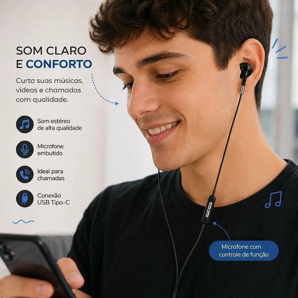 Fone de Ouvido com Fio USB Tipo-C com Microfone Som Estéreo Conector USB Tipo-C Super Bass