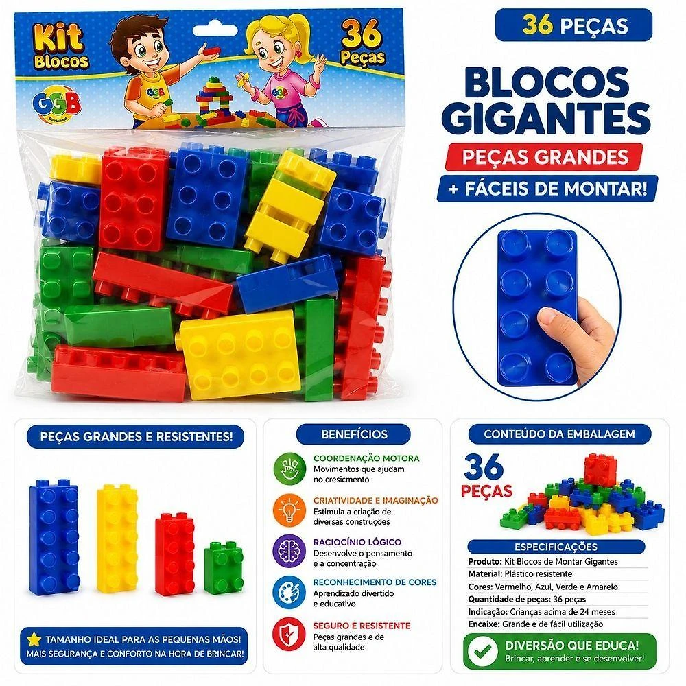 Kit Blocos de Montar Gigantes com Encaixe Fácil Vermelho GGB Plast 36P