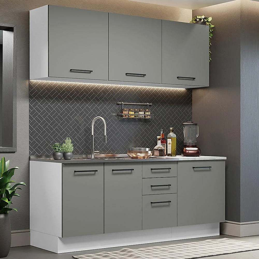 Cozinha compacta madesa agata 180001 com armário e balcão (sem tampo e pia) - branco/cinza