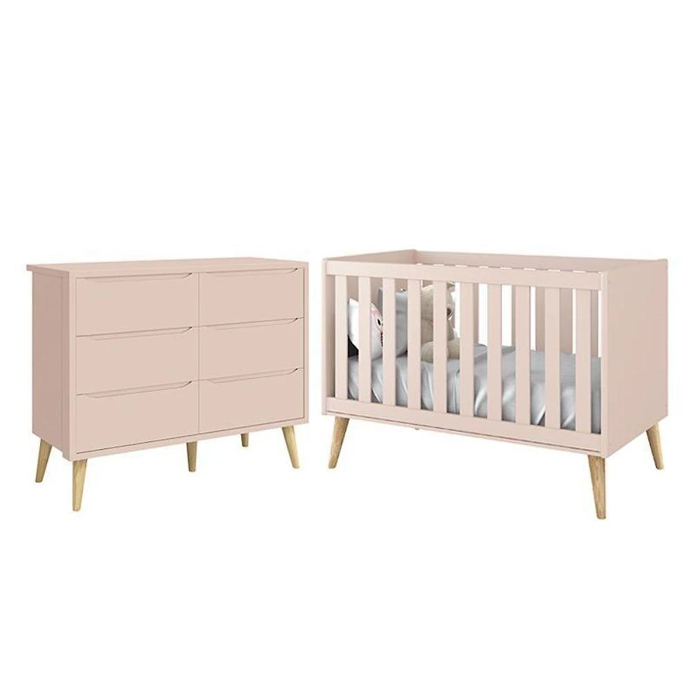 Jogo De Quarto Infantil Theo Cômoda 6 Gavetas E Berço Rosa Fosco Com Pés Madeira Natural Reller Móveis Rosa Fosco
