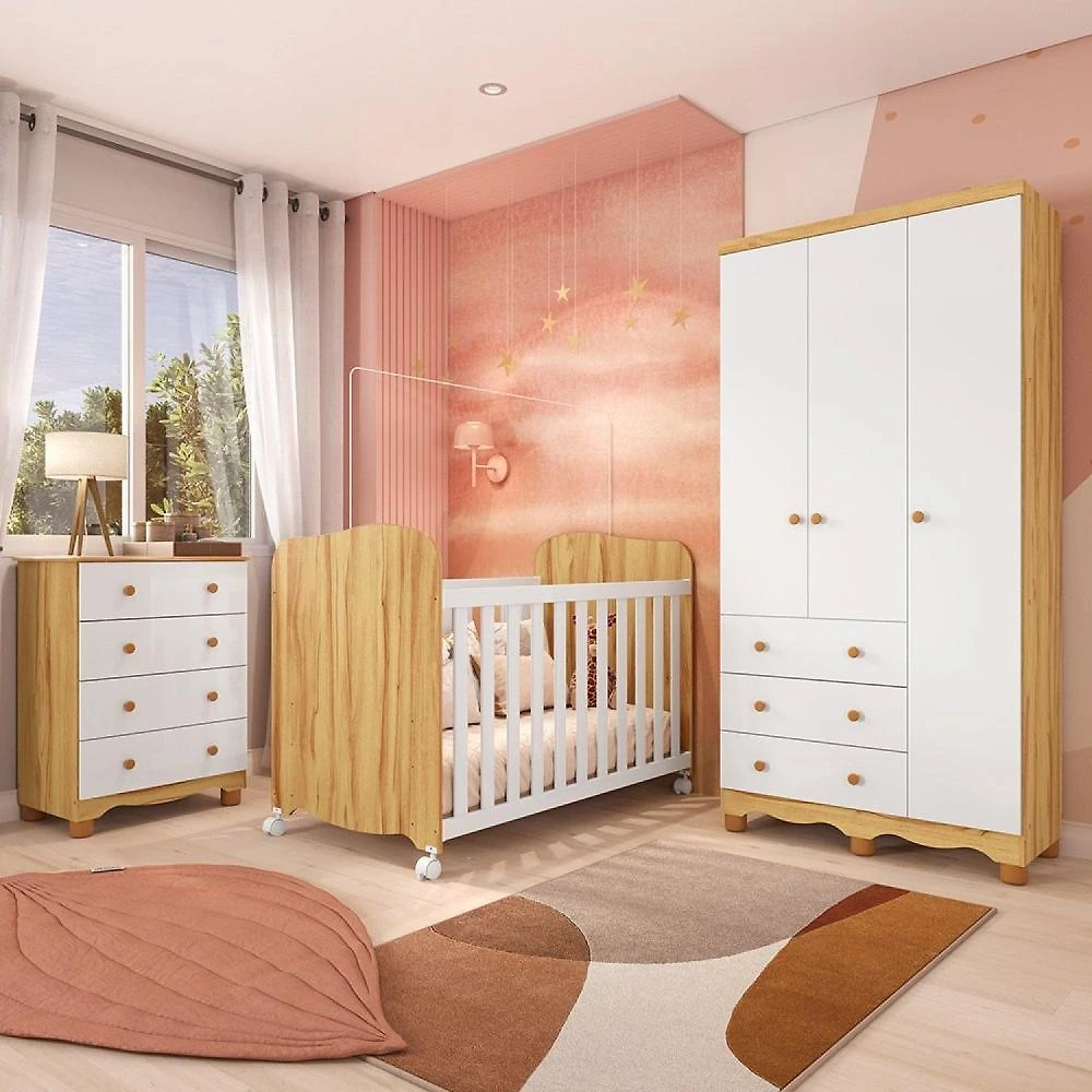 Quarto de Bebê com Guarda Roupas 3 Portas Cômoda e Berço com Rodizio Mimo 100% Mdf Espresso Móveis