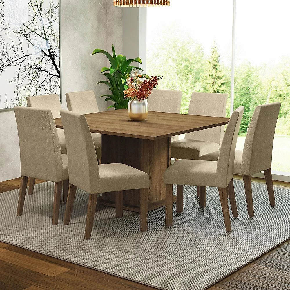 Conjunto sala de jantar mesa tampo de madeira 8 cadeiras rustic/imperial doris madesa