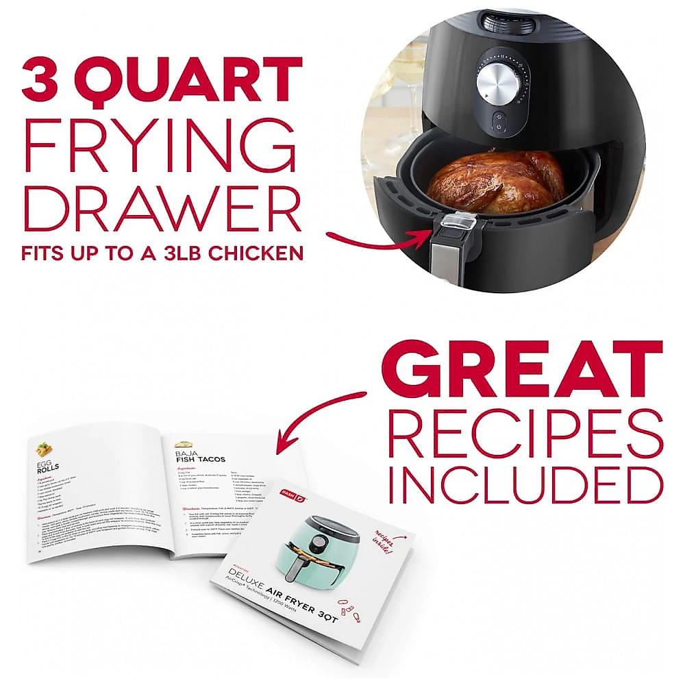 Fritadeira Elétrica AirFryer 3L com Temperatura Ajustável e Cesto Antiaderente, 110V 1200W, Dash, Preto