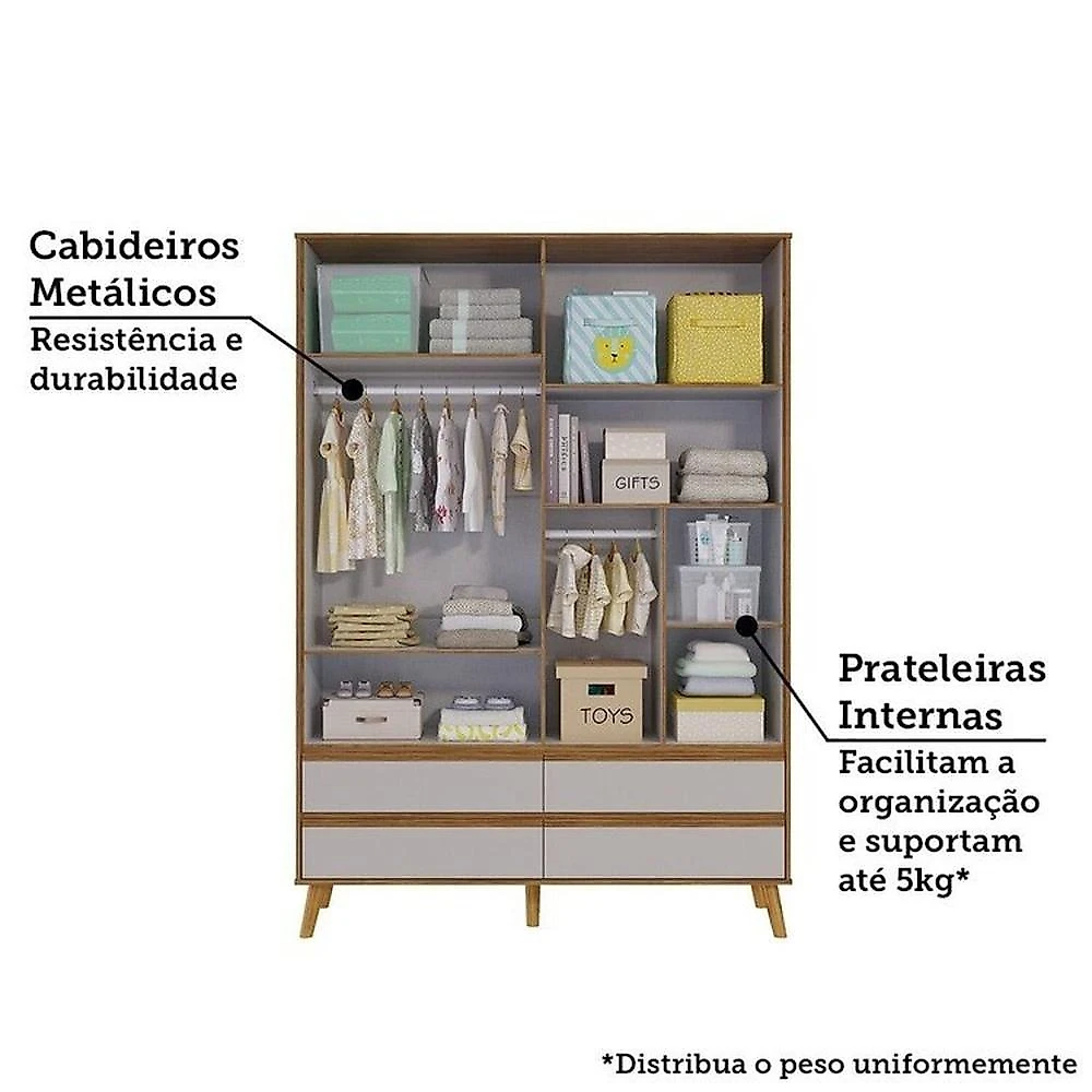 Quarto de Bebê Berço Arredondado 3 em 1 e Guarda-roupa 4 Portas 100% Mdf Luly Espresso Móveis Quarto de Bebê com Guarda Roupa 4 Portas e Berço Minicama Luly 100% Mdf Espresso Móveis Branco Brilho/Amêndoa