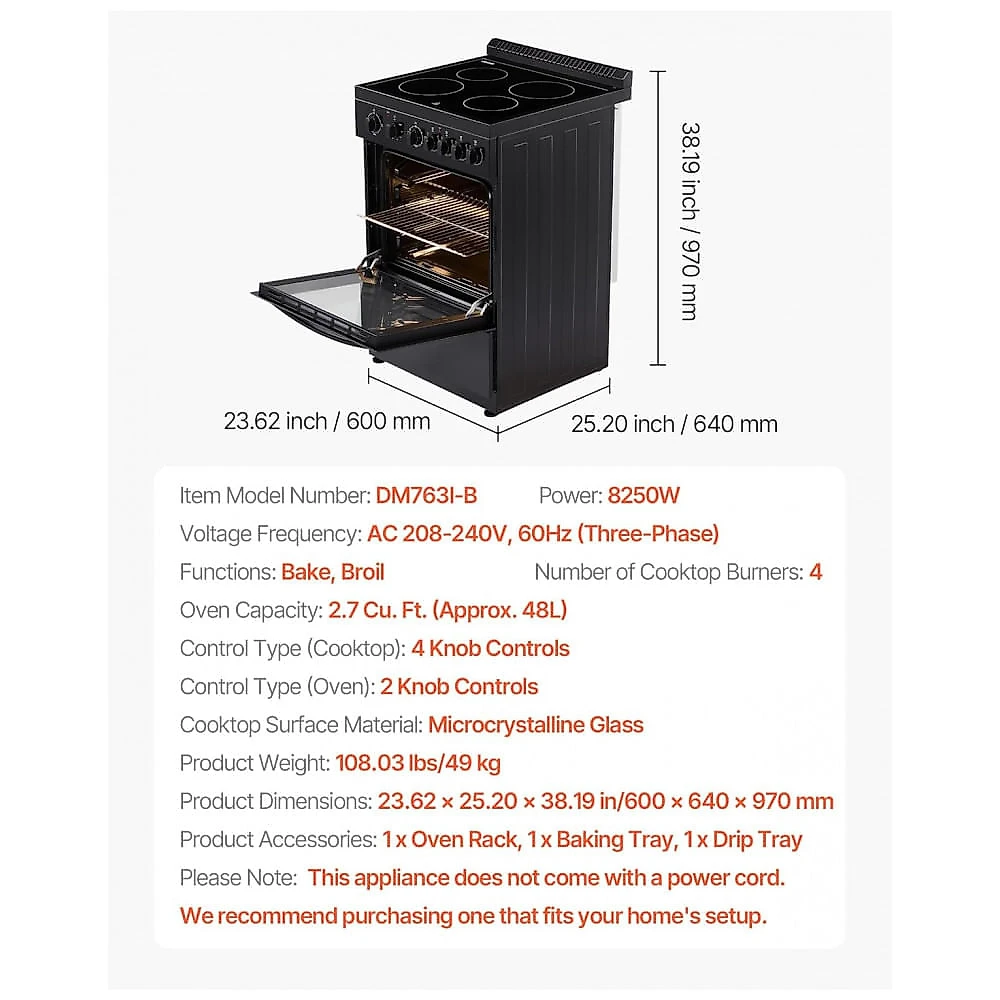 Fogão Elétrico de Piso VEVOR 61 cm Inox 4 Bocas Forno 76L 3 Grades Gaveta 110V
