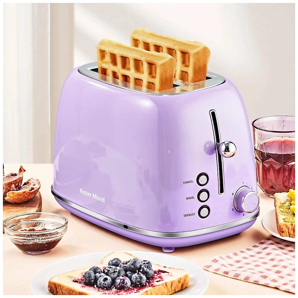 Torradeira 2 Fatias Roter Mond Retro Inox Roxa, 6 Níveis, Funções Bagel, Descongelar, Cancelar, Slots Largos, 825W, 110V