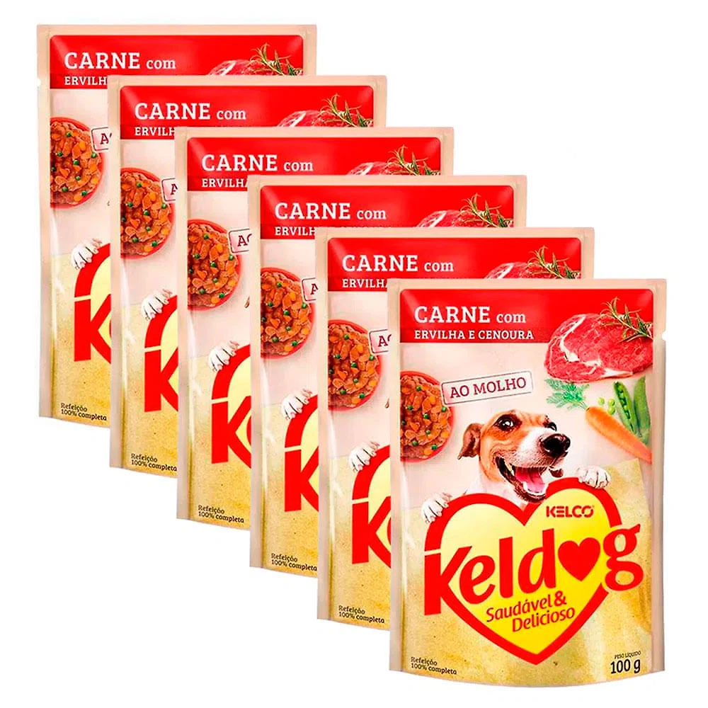 Ração Úmida para Cachorro Keldog Sabor Carne com Ervilha e Cenoura em Sachê 100g | Kit com seis unidades