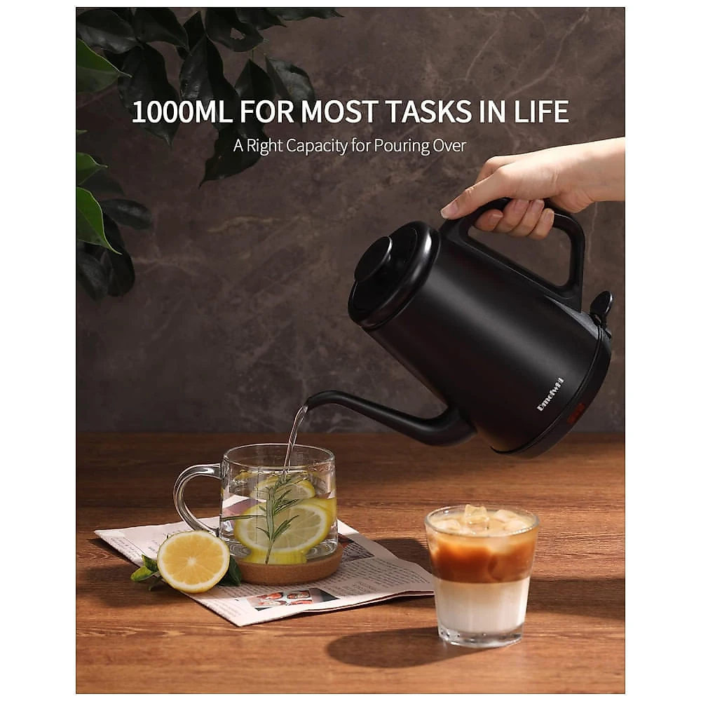 Chaleira Elétrica DmofwHi Gooseneck 1,0L, 1000W em Aço Inox 304, Desligamento Automático, Preto Fosco