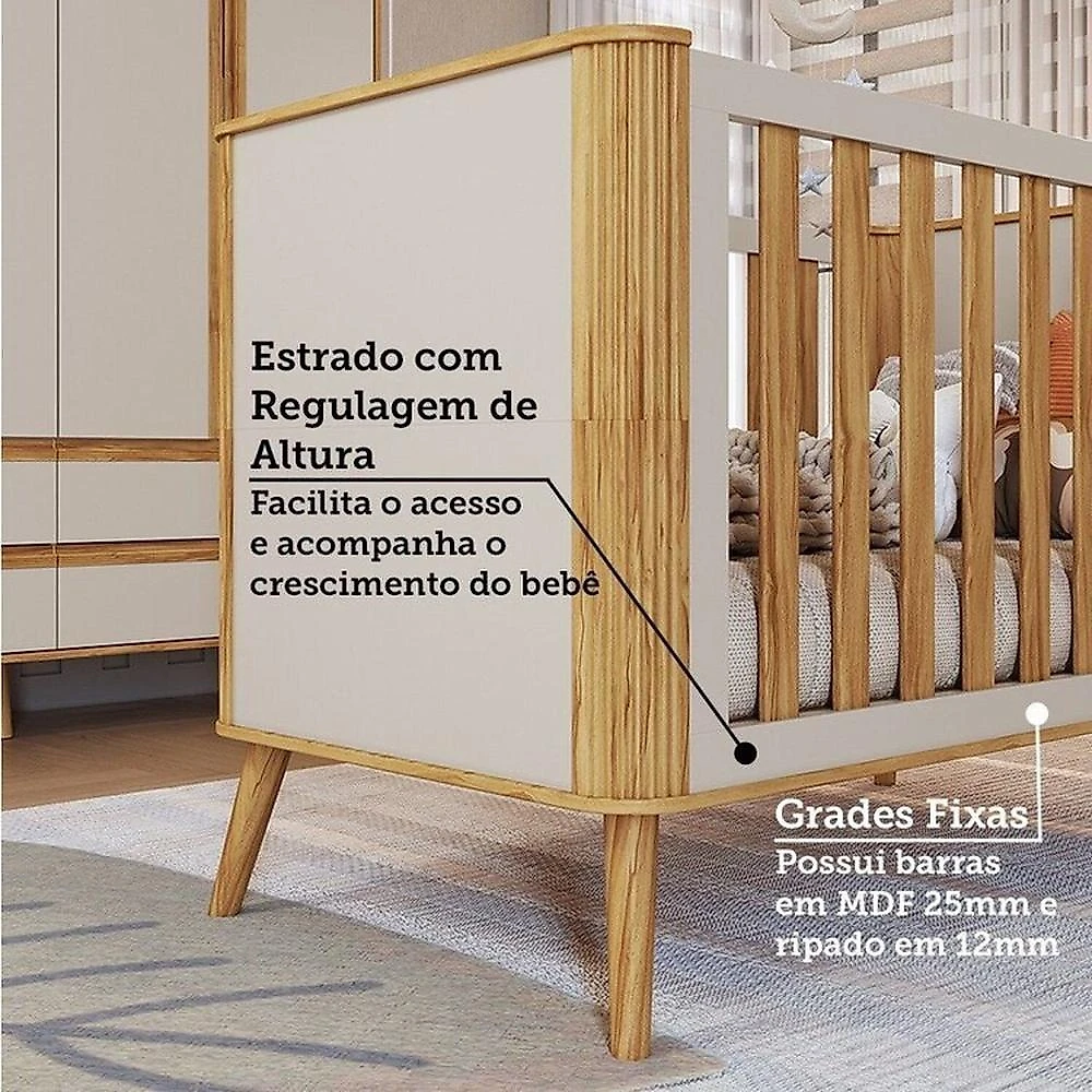 Quarto de Bebê Berço Arredondado 3 em 1 e Guarda-roupa 4 Portas 100% Mdf Luly Espresso Móveis Quarto de Bebê com Guarda Roupa 4 Portas e Berço Minicama Luly 100% Mdf Espresso Móveis Branco Brilho/Amêndoa