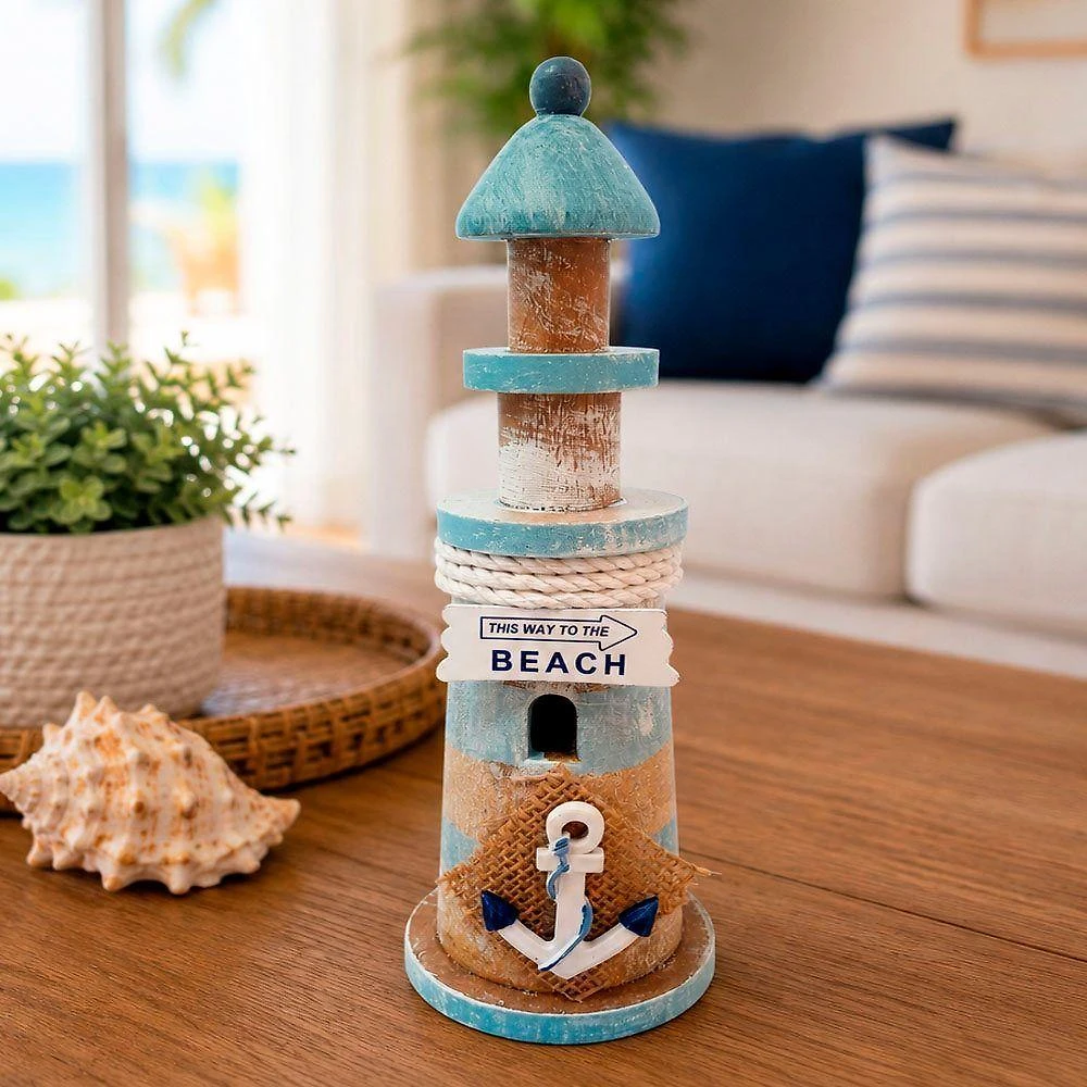 Farol Decorativo Marítimo Artesanal Madeira 22cm Azul