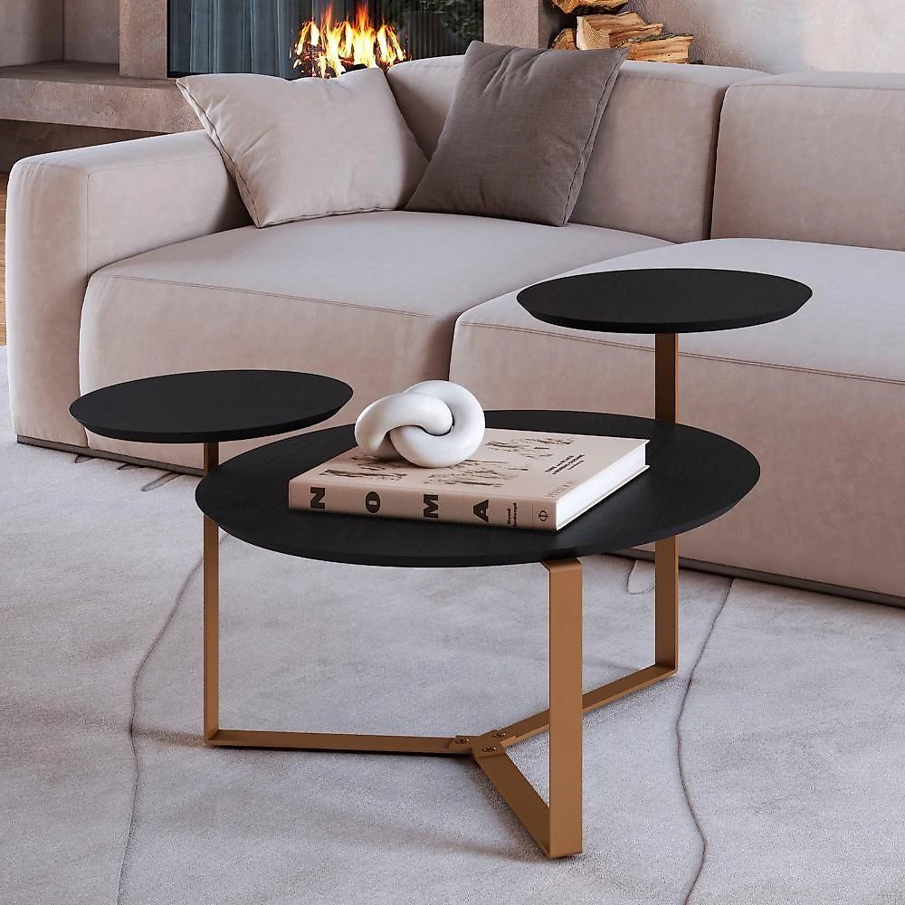Mesa Centro 03 Tampos Chanfrada Pe Metal Dourado Nero Artesano Nero Dourado