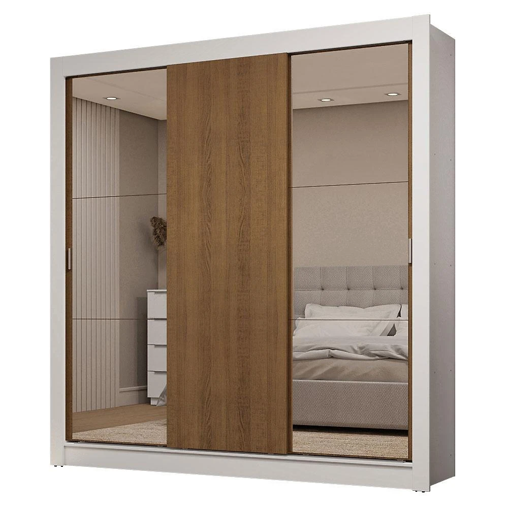 Guarda-roupa casal 3 portas de correr com espelhos 2 gavetas branco/rustic sublime madesa