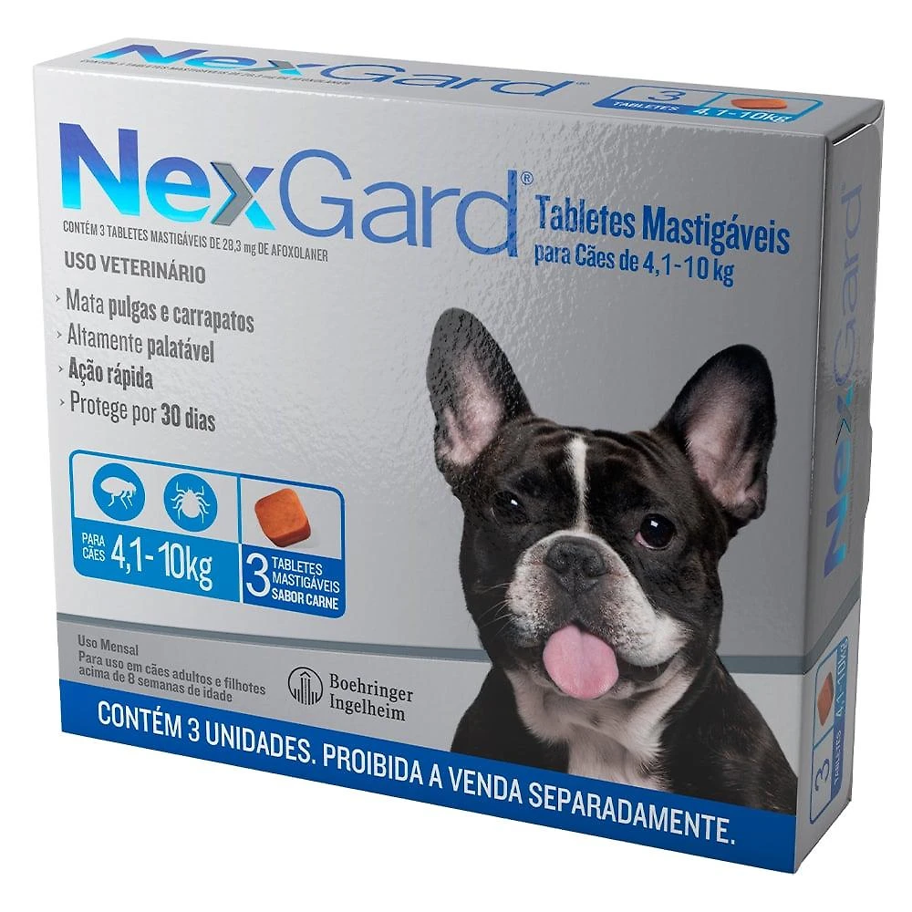 Antipulgas e Carrapatos NexGard 28,3 mg para Cães de 4,1 a 10 Kg - 3 Tabletes