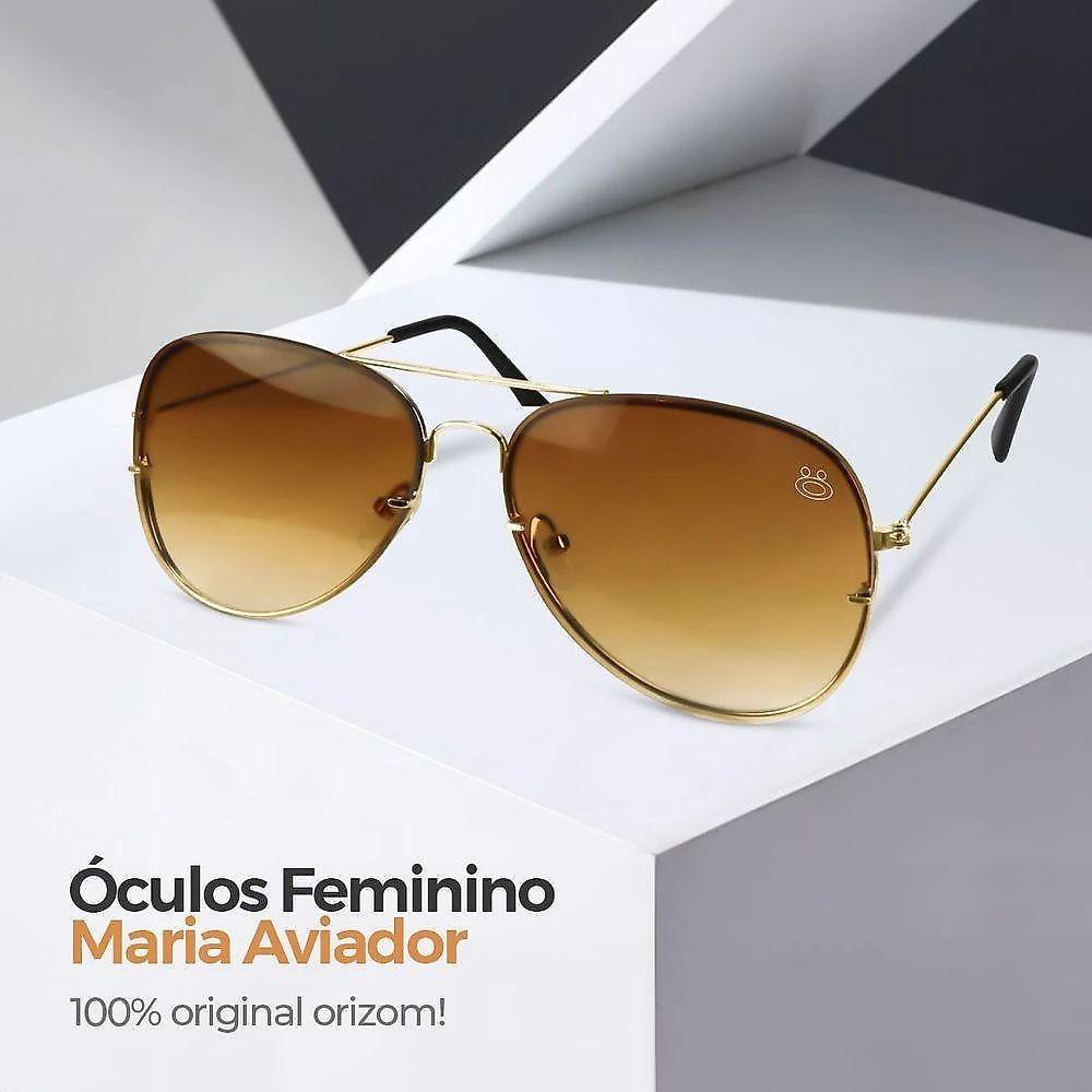 Oculos Sol Feminino Aço Inoxidavel Marrom Aviador + Case Presente Lente Marrom Armação Dourada