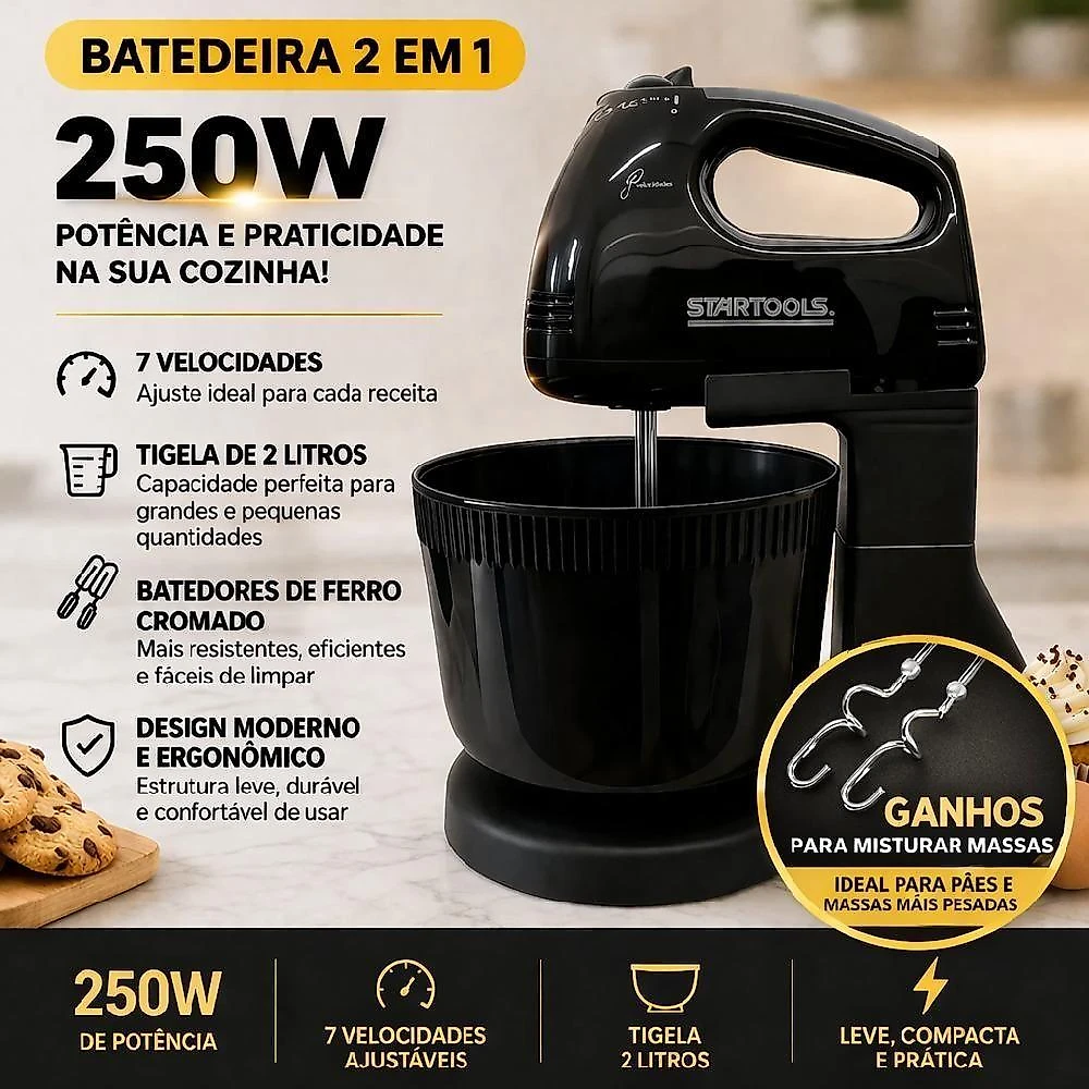 Batedeira Elétrica de Mão Yeet 2 em 1 2L 250W 7 Velocidades 110V