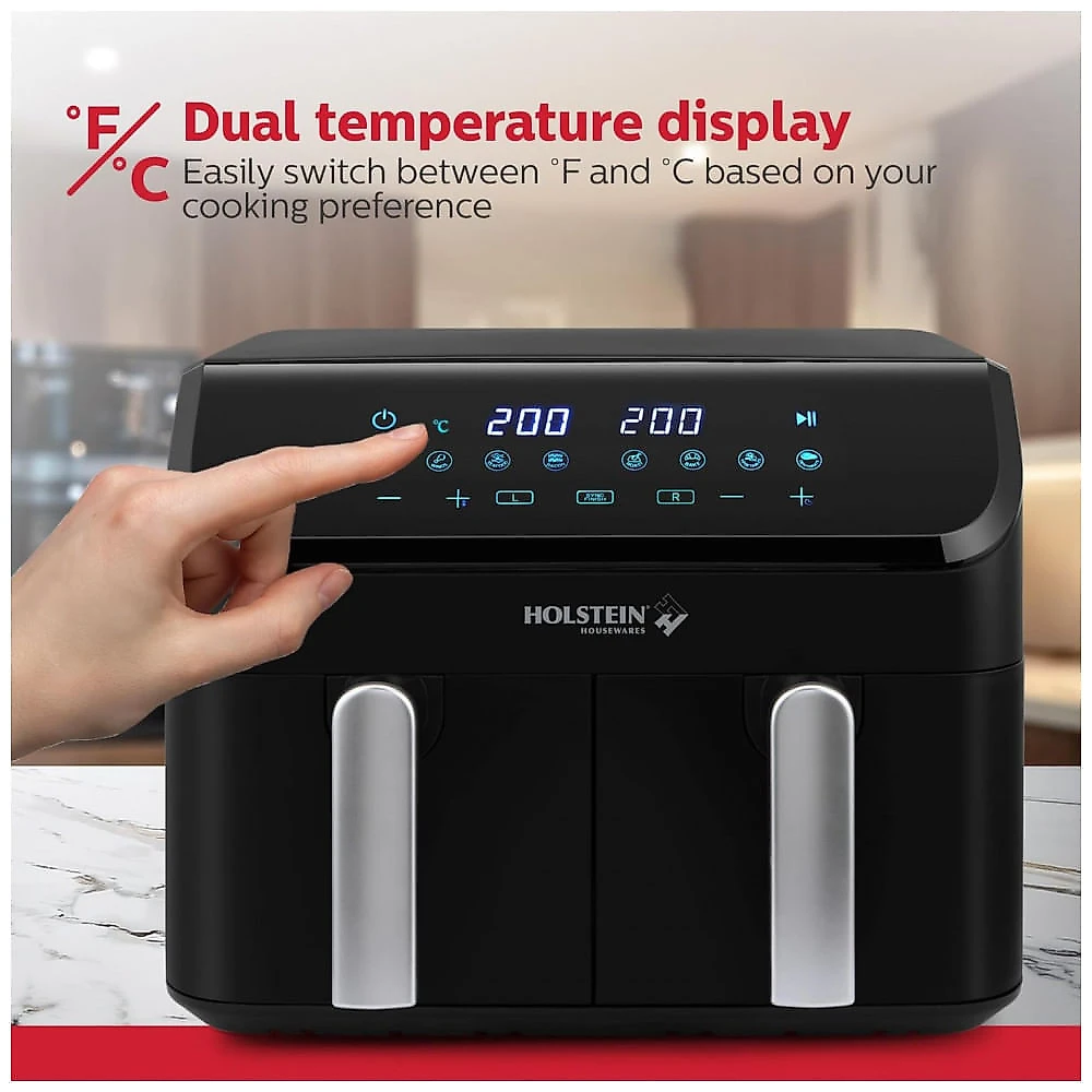 Fritadeira Elétrica Digital Dupla Holstein Housewares Preta 8 em 1 9L Cestões Independentes 1700W 120V, Modelo HH-09202019B