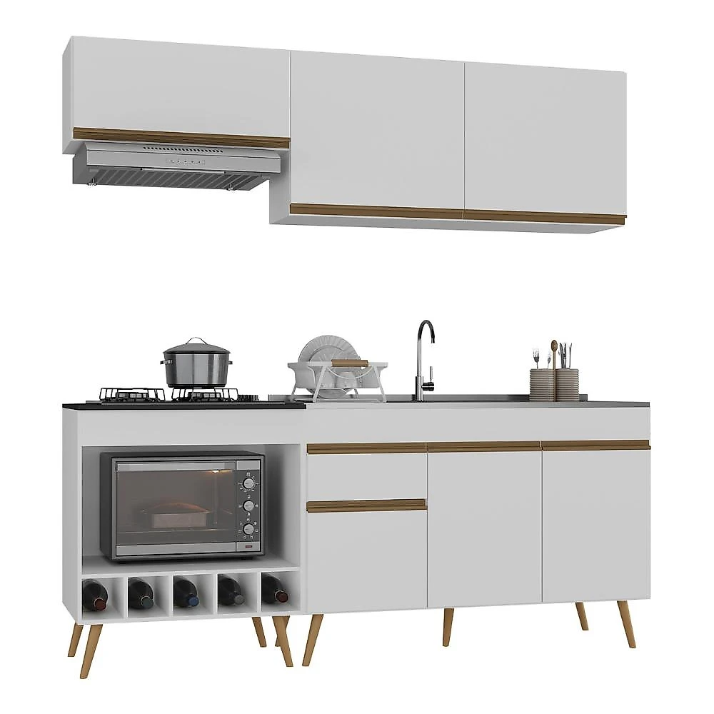 Miniatura Armário Cozinha Modulada Compacta c/ Gabinete p/ Pia e Balcão p/ Cooktop Veneza Multimóveis MP3775 Branco/Dourado