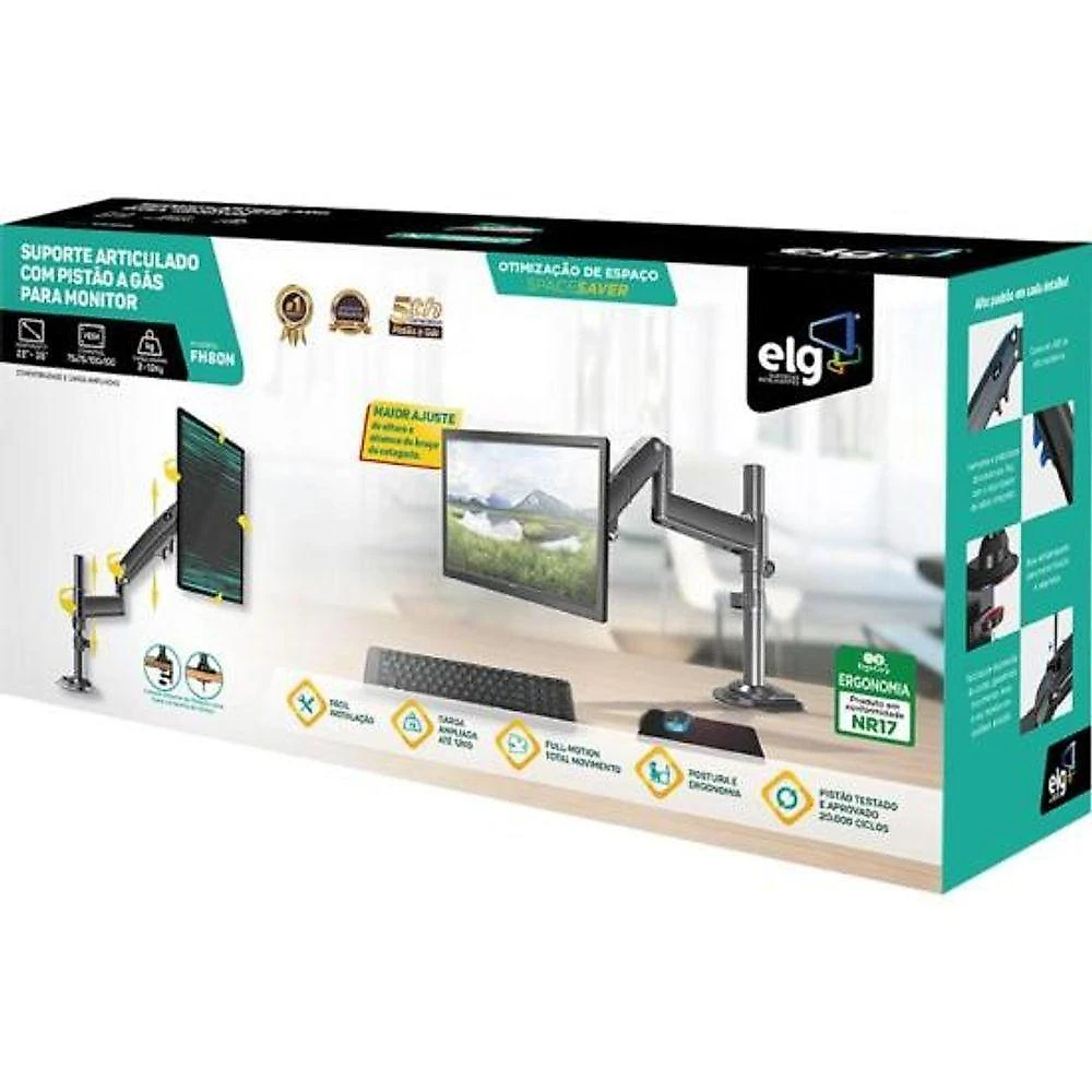 Suporte para Monitor FH80N Articulado para Telas 22" a 35" com Pistão a Gás Preto ELG