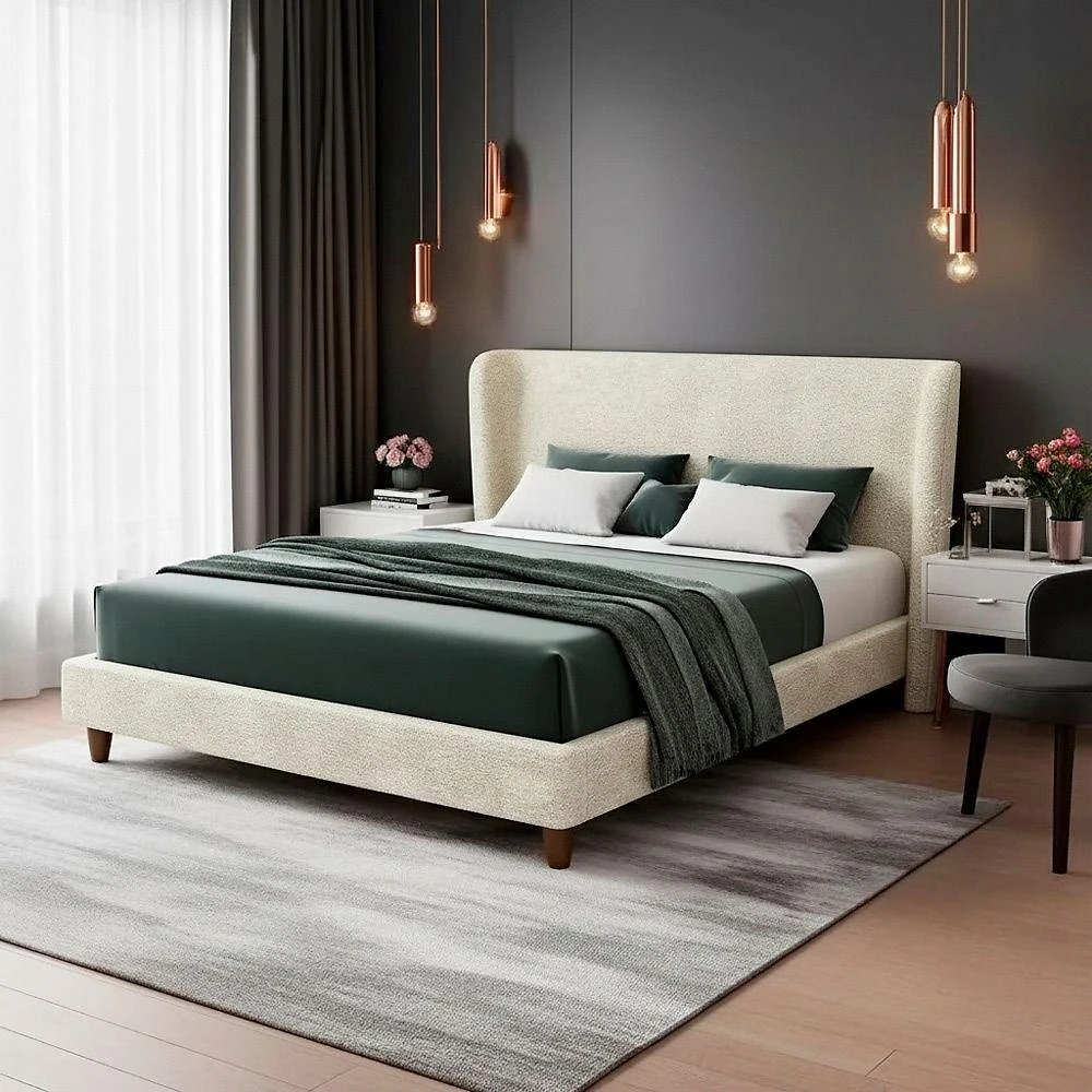 Cama Japonesa com Cabeceira King Corea em Bouclê Off White Sallar Home
