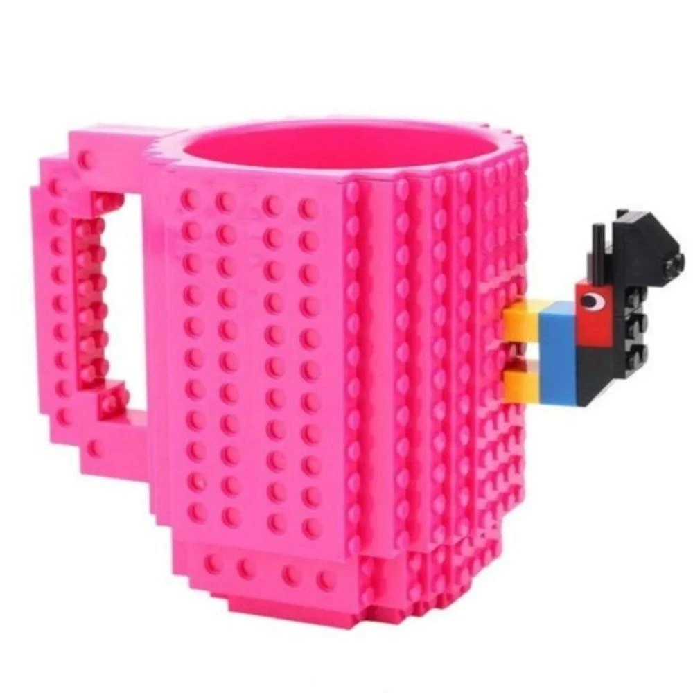 Caneca Bloquinhos com Encaixe Lego + Peças para Montar 350 ml Rosa Pink OEM