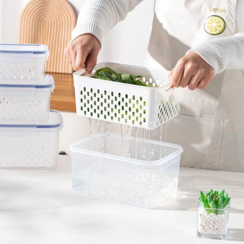 Conjunto de Potes Herméticos com Cesto Plástico Resistente Design Empilhável Cozinha Transparente