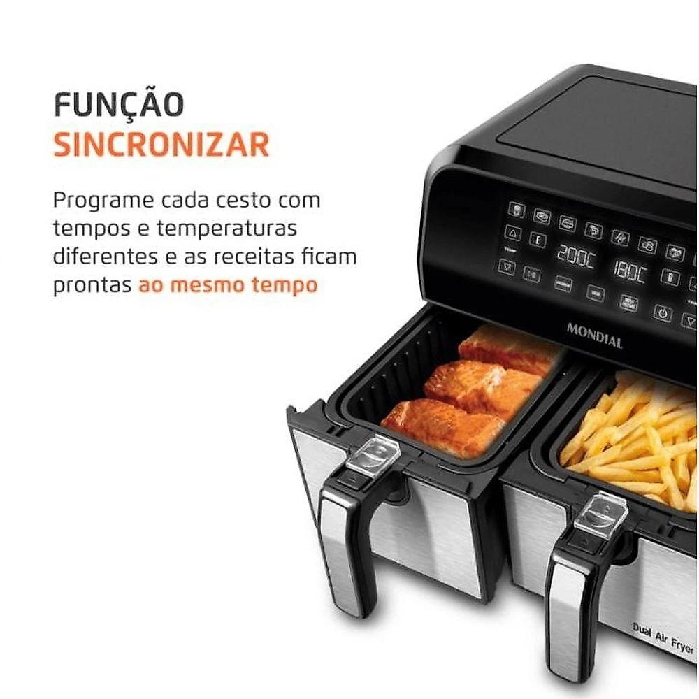 Fritadeira Air Fryer Dual Mondial AFD-01-BI 8L com Timer e Cestos Removíveis Preto Inox 110V