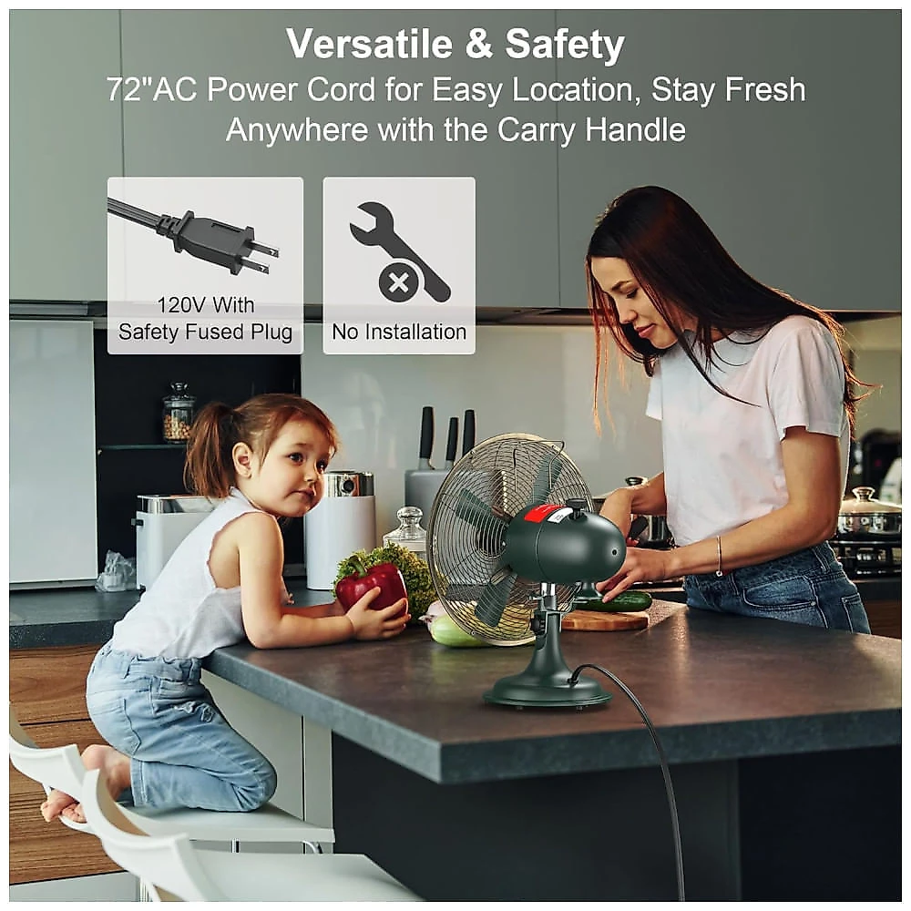 Ventillador de Mesa Vintage em Metal com Inclinação da Cabeça Ajustável e 3 Velocidades, 110V, AMACOOL, Verde 110v